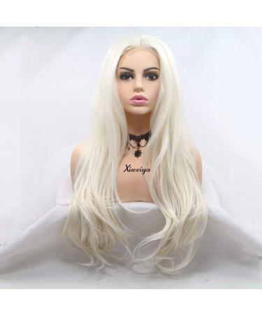 Platinblonde wig long corrugated hair pointed wig white blonde synthetic lace front wig for women lace wig with middle parting 61 cm