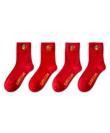 Chinese New Year Woman Red Socks Embroidered Autumn and Winter Warm Sports Socks Spring Festival Lucky Socks 4 Pairs (Color : Red-1 Size : 34-39) 34-39 Red-1