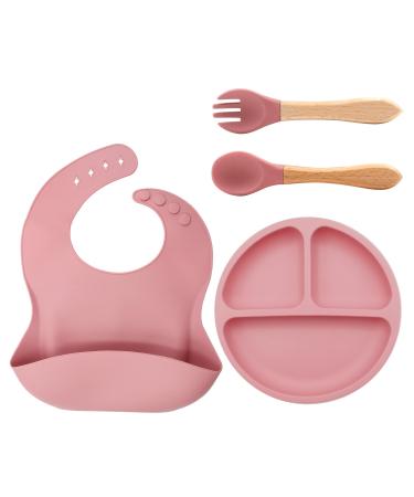 Lookka Baby Weaning Set 4 Pcs Baby Weaning Set Baby Suction Plate Bib Spoon and Fork BPA Free Silicone Feeding Set for Babies Toddlers Kids Pink