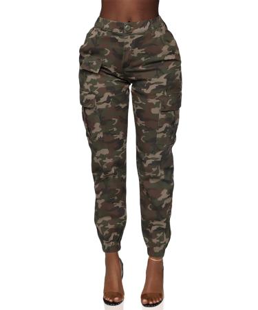 Double Denim Women's High Waist Jogger Pants - Casual Cargo Elastic Waistband Sweatpants Tapered Fatigue with 6 Pockets Camouflage X-Large
