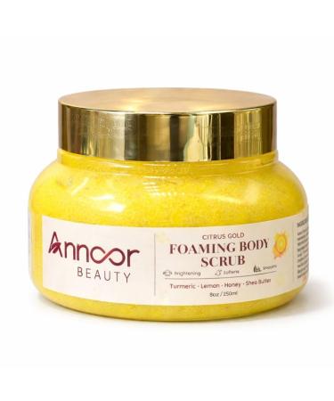 Citrus Gold Foaming Sugar Body Scrub by Annoor Beauty with Lemon Turmeric Honey & Shea Butter Exfoliating & Moisturizing Body Polish for Glowing Skin 8 oz / 250 ml