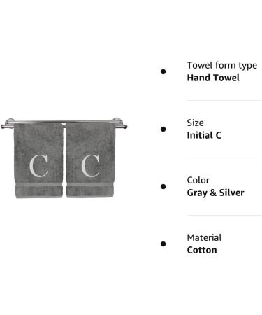 Monogrammed Hand Towel Set of 2 - Personalized Gift - Silver Block Letter Embroidered - 100% Turkish Cotton - Extra Absorbent - Initial C Gray & Silver - Buy Online on GoSupps.com