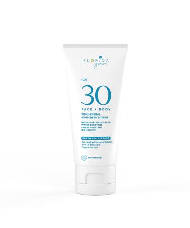 Florida Glow Mineral Sunscreen SPF 30 for Face & Body Lightweight Zinc Oxide Sunscreen Broad-Spectrum UVA/UVB Protection Water-Resistant (80 Min) Fragrance-Free Travel Size 3 oz