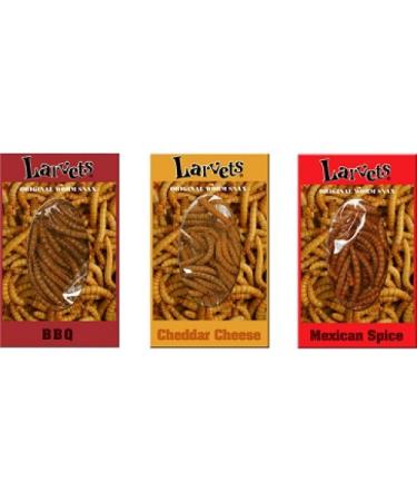 Larvets Sampler Gift Pack- BBQ, Cheddar Cheese, & Mexican Spice 1.9g each, Sampler Gift Pack of 3