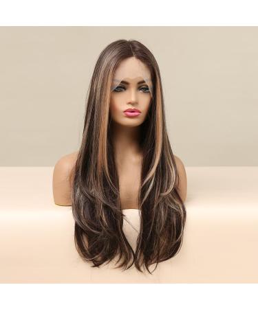 Shop Vebonny Balayage Brown Wig with Blonde Highlights - 22 Inch Lace Front Synthetic Hair Wig #097-A - International Shipping Available - Buy Online on GoSupps.com
