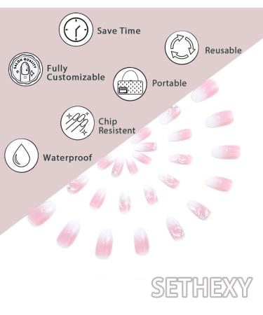 Sethexy Ombre Short Ballerina Press-On Nails - Pink Acrylic Crystal Fake Nails - 24-Piece Wedding Set for Women & Girls - Buy Online on GoSupps.com