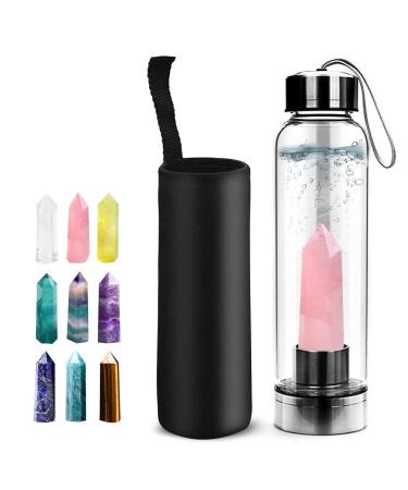 HINATAA Crystal Water Bottle Detachable Healing Natural Quartz Water Bottle 550ml (Pink)