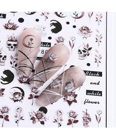 10 Sheets Spring Flower Nail Art Stickers - Self-Adhesive Black & White Floral Designs for Manicure - Perfect Nail Decoration for Women & Girls - Buy Online on GoSupps.com