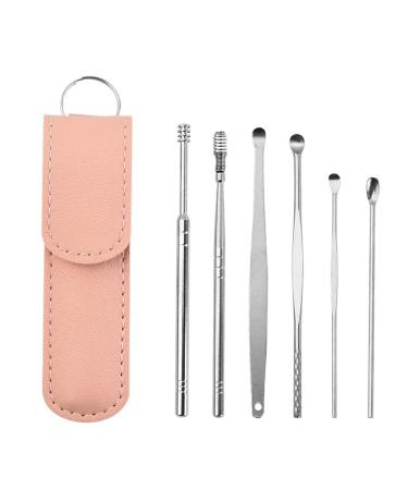 6 pieces of stainless steel ear picker kit ear picking ear spoon ears ear picking earpick earlery remover tool with storage bag spiral spring ear cleaner tools for men women adult children pink (e)