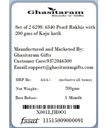 Ghasitaram Gifts Rakhi for Brother Rakhis Online - Set of 2 6299 6340 Pearl Rakhis with 200 GMS of Kaju katli - Buy Online on GoSupps.com