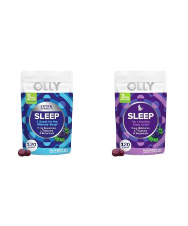 OLLY Extra Strength (5mg) & Regular Strength (3mg) Melatonin Sleep Gummies with L-Theanine 120 Count BlackBerry Flavor