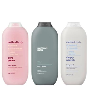Method Body Wash Sampler Variety - 3 scents - Pure Peace Sea & Surf & Simply Nourish - 18oz (3 pack) In Sanisco Box.