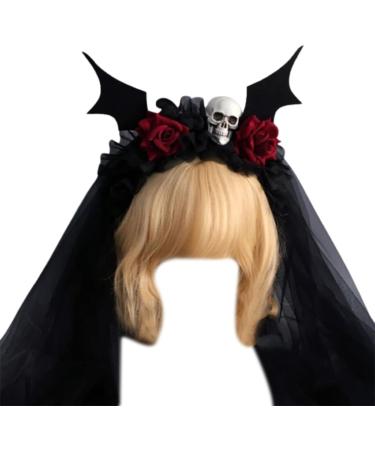 Shinycome Halloween Theme Headband Day of Skull Flower Veil Hairband Cosplay Costume Headpiece Women Festival Hair Decor Dark Bat Wing Rose S - Buy Online on GoSupps.com