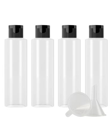 Zeoabsy 4 pieces empty 150ml transparent pet plastic bottle with black hinged lid flat shoulder portable bottle for cosmetic fluids oil travel transparent 150ml