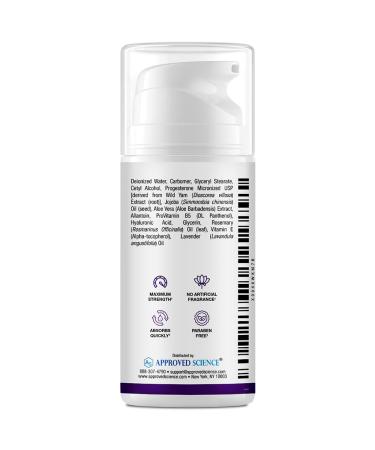 Approved Science Progesterone Cream - Bio-Identical USP Grade - Vegan 20mg with Hyaluronic Acid & ProVitamin B5 - 3.38 fl oz (100ml) - No Artificial Fragrances - Global Shipping - Buy Online on GoSupps.com