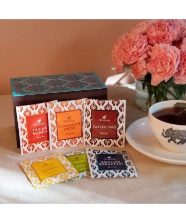 Octavius Floral Printed Wooden Caddy Tea Sampler Pack - 60 Enveloped Double Chamber Tea Bags, Assorted Black & Green Teas - Tea Sampler Variety Pack for Tea Lovers - Buy Online on GoSupps.com