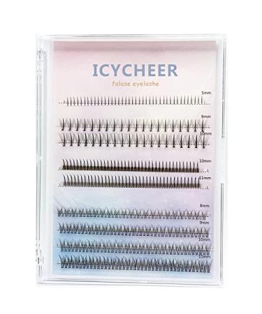 ICYCHEER Individual Eyelashes Upper and Lower with Mixed Tray, Fairy Shape, Fishtail, Natural Grain, Pre-fanned, Long Volume, Short