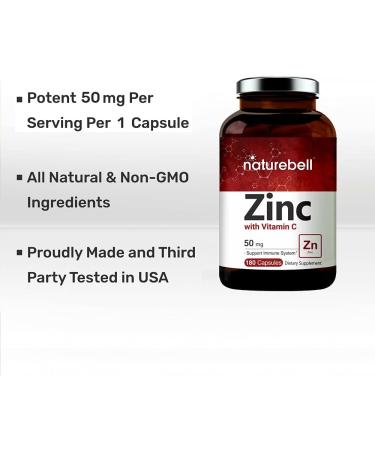 NatureBell Zinc 50mg with Vitamin C - 180 Capsules | Immune Support and Antioxidant Supplement - Buy Online on GoSupps.com