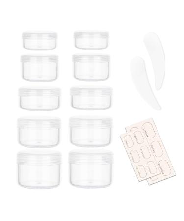 10 Pieces Small Travel Containers, 3/5/10/15/20 Gram Size Travel Jars, Cosmetic Travel Size Containers for Lotions and Creams, Plastic Sample Containers Jars with 12pcs Labels, 2pcs Mini Spatula Clear