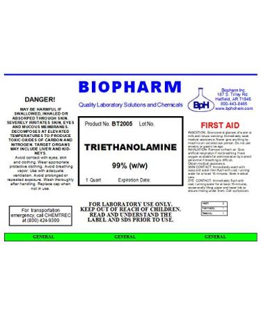 Triethanolamine 99% (T.E.A.)  1 Quart (950 mL)  Surfactant and Emulsifier Often Used in Hand Sanitizer Shampoo and Shower Gels