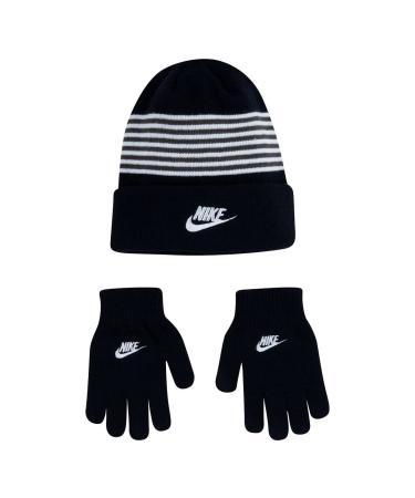 Nike Boys Striped Beanie & Gloves 2 Piece Set Black(9a2945-023)/White 8-18 Years