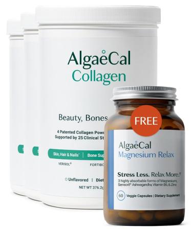 ALGAECAL Collagen - 4 Clinically-Supported Peptides VERISOL FORTIGEL UC-II FORTIBONE Collagen Powder 3 Packs + Free Magnesium Relax - Chelated Magnesium with Ashwagandha (60 Caps)
