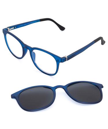Progressive Reading Glasses for Women and Men Blue Light Blocking Lenses - Includes Magnetic Sunglasses Clip On Naples Blue 2.0 Diopters