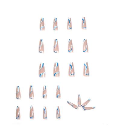 French Fake Nails - Long Shiny Coffin Press-On Nails | 24PC Blue & White Swirl Acrylic Nail Art for Women & Girls - Buy Online on GoSupps.com