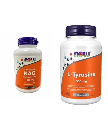 NOW Nac Extra Strength Tablets 1000mg 120 Count & L-Tyrosine (Freeform) Capsules 500mg 120 Count