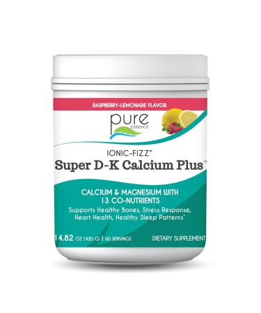 Ionic Fizz Super D-K Calcium Plus by Pure Essence - with Extra Magnesium Vitamin D3 Vitamin K2 for Strong Bones and Stress Support - Raspberry Lemonade - 14.82oz