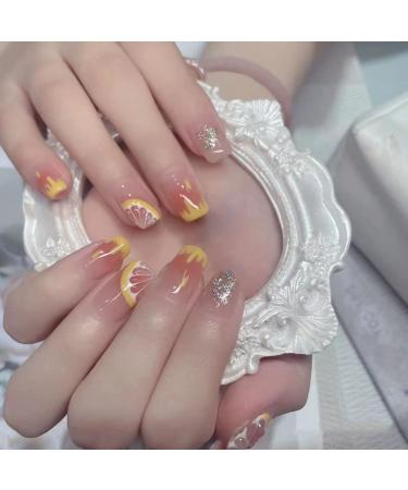 Lemon Summer Fruit Design Short Square Fake Nails - 24Pcs - Buy Online on GoSupps.com