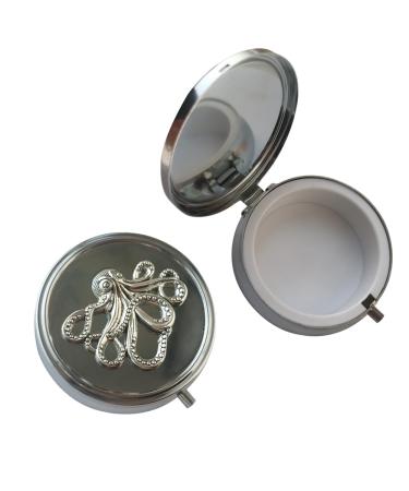 Small Travel Pill Box for Purse Cute Daily Medicine Pill Organizer Round Vitamin Pill Box Organizer for Pocket Silver Vintage Pill Box Metal Compact Portable Pill Holder Storage (Octopus)