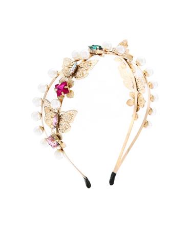 IYOU Boho Pearl Headband Multicolor Shiny Crystal Hair Band Double Wedding Prom Hair Accessories for Women (Gold Butterfly)