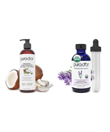 PURA D'OR Organic 16 Oz Fractionated Coconut Oil & 4 Oz Lavender Essential Oil Bundle