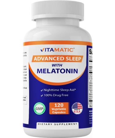 Vitamatic Advanced Sleep Aid with Melatonin - 120 Vegetable Capsules Made with B6, Magnesium, L-Theanine, L-Tryptophan, 5-HTP, GABA, Valerian, Chamomile, Passion Flower, Ashwagandha & Black Pepper