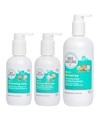 Bee Nature - Organic Shower Gel for Children 200ml - Honey Mousse Shampoo 200ml - No-Rinse Cleansing Water 500ml - 100% Biodegradable and Recyclable.