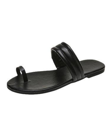Women Clip-toe Flat Sandals Summer Comfy Bunion Correction Leather Ring Toe Roman Slippers for Indoor and Outdoor Wear Soft Big Toe Foot Correction Sandals 8.5 Black