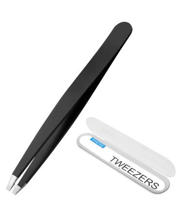 FIVETAS Stainless Steel Tweezers for Eyebrows-Flat Tweezer with Case for Women&Man Great Precision on Brow Facial Hair and Ingrown Hair Removal(Black)