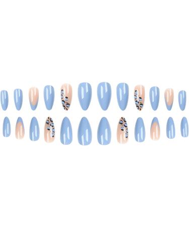 OKAQEE Almond Solid Color Short Square False Nails - Blue Leopard | Includes Glue - Buy Online on GoSupps.com