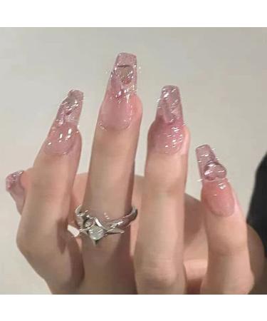 24Pcs/Set Press On Nails Bright Nude Pink Diamond Length False Nails Acrylic Fake Nails Full Cover Nails Tips Artificial Finger Manicure Press on nails for Women and Girls