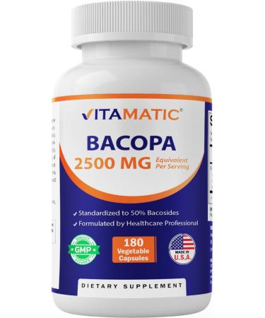 Vitamatic Bacopa Monnieri 2500 mg Equivalent Per Serving (from 10:1 Extract 250 mg) Nootropic Herbal Supplement - 50% Bacosides, Non-GMO & Gluten Free - 180 Vegetable Capsules