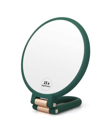 1X 15X Magnifying Hand Held Mirror,Double Side Folding Hand Mirror for Women with Adjustable Handle ,Travel Table Desk Shaving Bathroom (Army Green) Dark Green