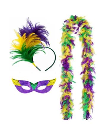 hgnxa Mardi Gras Costume Accessory Set Mardi Gras Tricolor Eyemask Feathers Headband Neckerchief for Womens Girls Cosplay Gift Purple