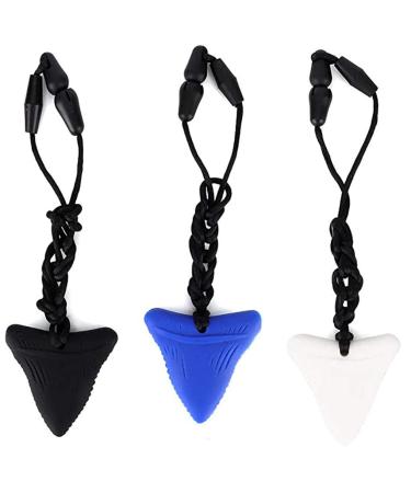 Chewing necklace 3 pieces of shark tooth chewing necklace for children organic silicone autism sensory bite ring toys for babies children's autism chewing necklace (black white blue)