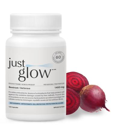 Just Glow Organic Beetroot 1 400mg - USDA & Health Canada Certified Organic Beet Root Powder - Beta Vulgaris Supplement - Antioxidant Support - Made in Canada - 120 Capsules (2 Months Supply)