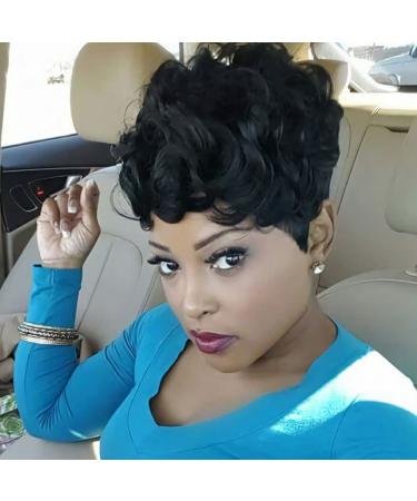 Evasens Short Curly Wigs for Black Women Pixie Cut Wig for Women Short Hair Black Wig with Bangs Synthetic Wigs Pixie Wigs for Black Women (Pluffy Curly) (1B) 1B Pixie Curly