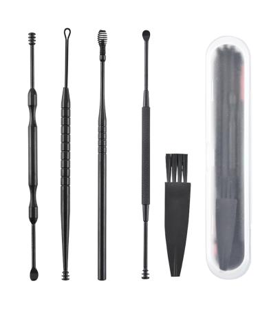 CJKDXDH 5 in 1 Ear Pick Earwax Removal Kit Ear Cleaning Tool Set Ear Curette with Storage Box and Cleaning Brush (Black)