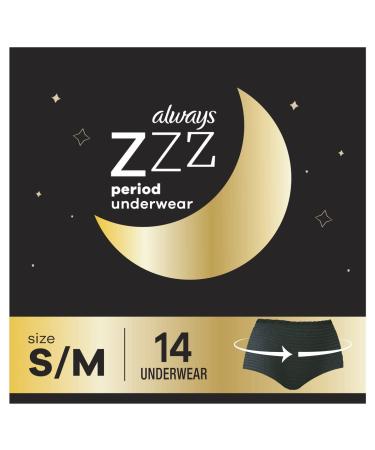 Always Zzzs Overnight Disposable Period Underwear For Women, Size Small/Medium, Black Period Panties, Leakproof, 7 Count x 2 Packs (14 Count total)