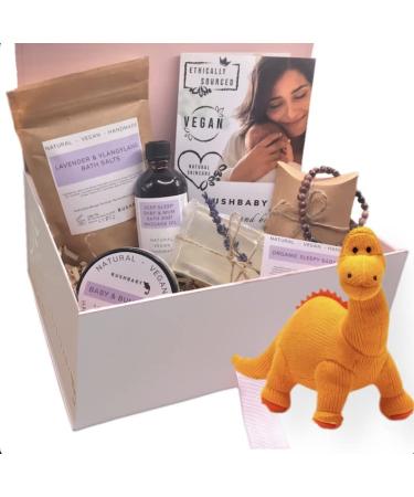 BUSHBABY Natural Vegan Mum and Baby Pamper Kit Ethically Sourced Pregnancy Gifts for Mum Expecting New Mummy to be Shower Gift Hamper Mom Maternity Pampering Present Bundle (Orange Diplodocus) Diplodocus Orange