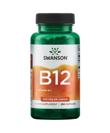 Swanson Vitamin B12 Cyanocobalamin 500mcg 250 Capsules High Dosed Soy Free Gluten Free Non-GMO
